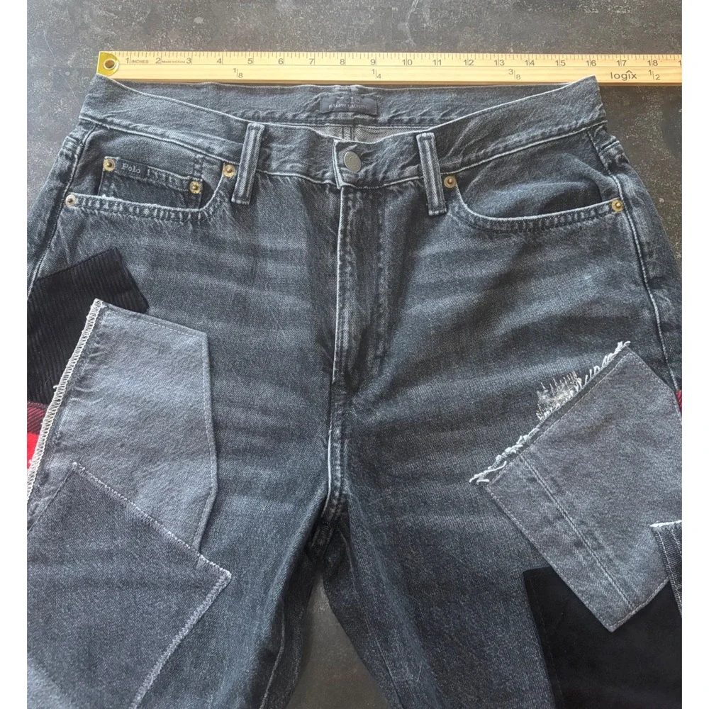 Polo Ralph Lauren Patchwork Jeans Womens 31 Black Red Leather Raw Hem Denim